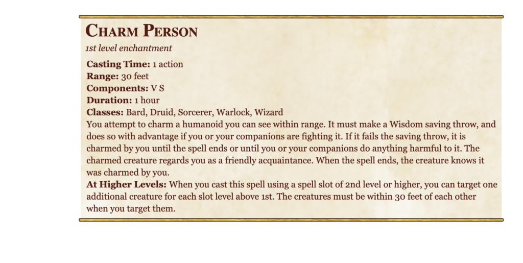 Charm Person 5e Spell (5th Edition) for DND Spells
