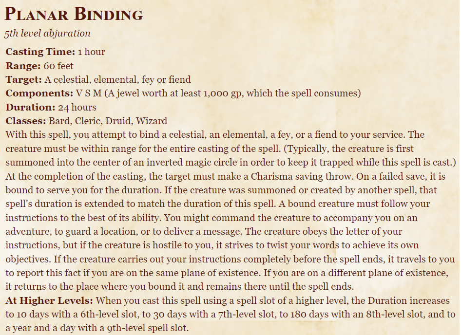 Planar Binding 5e (5th edition) spell in dnd spells